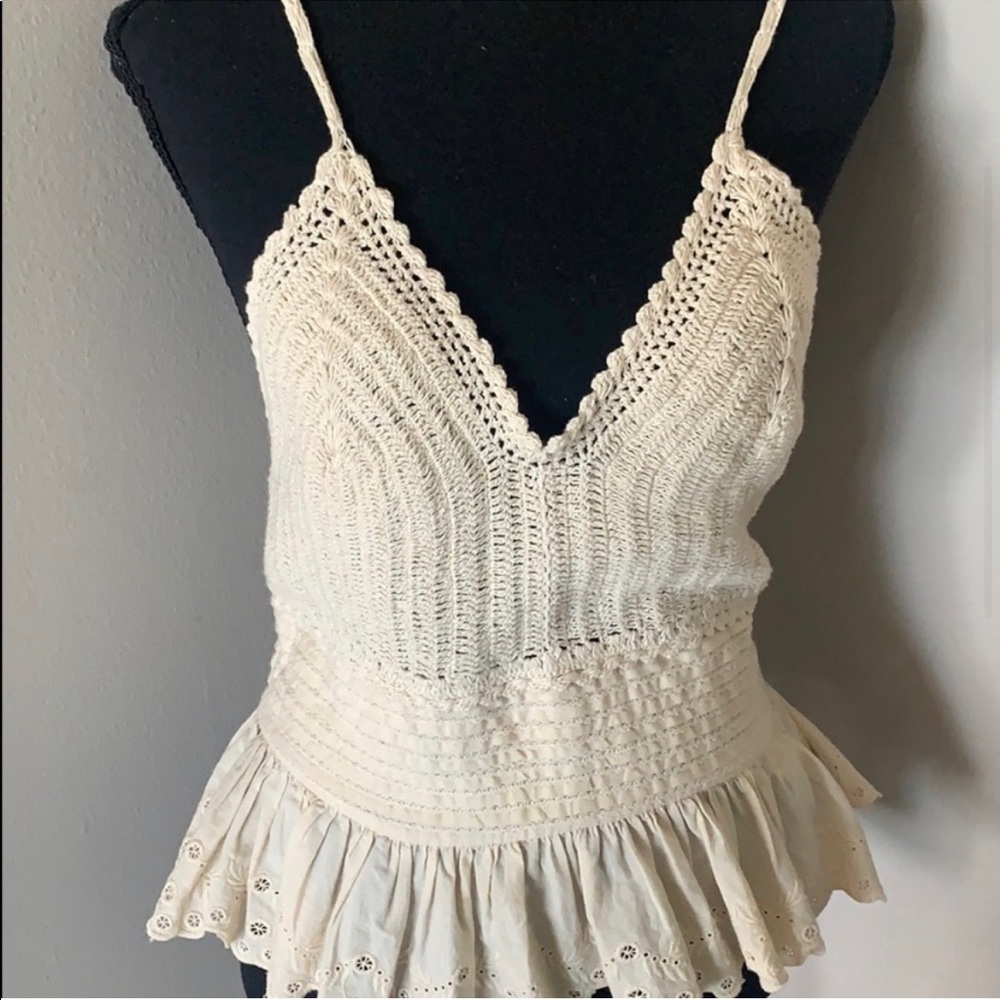Zara Embroidered Cream Crochet Halter Top Size M